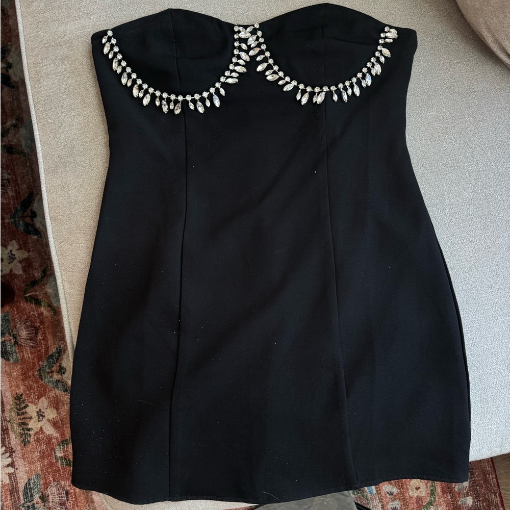Black Strapless Dress with Embellished Neckline